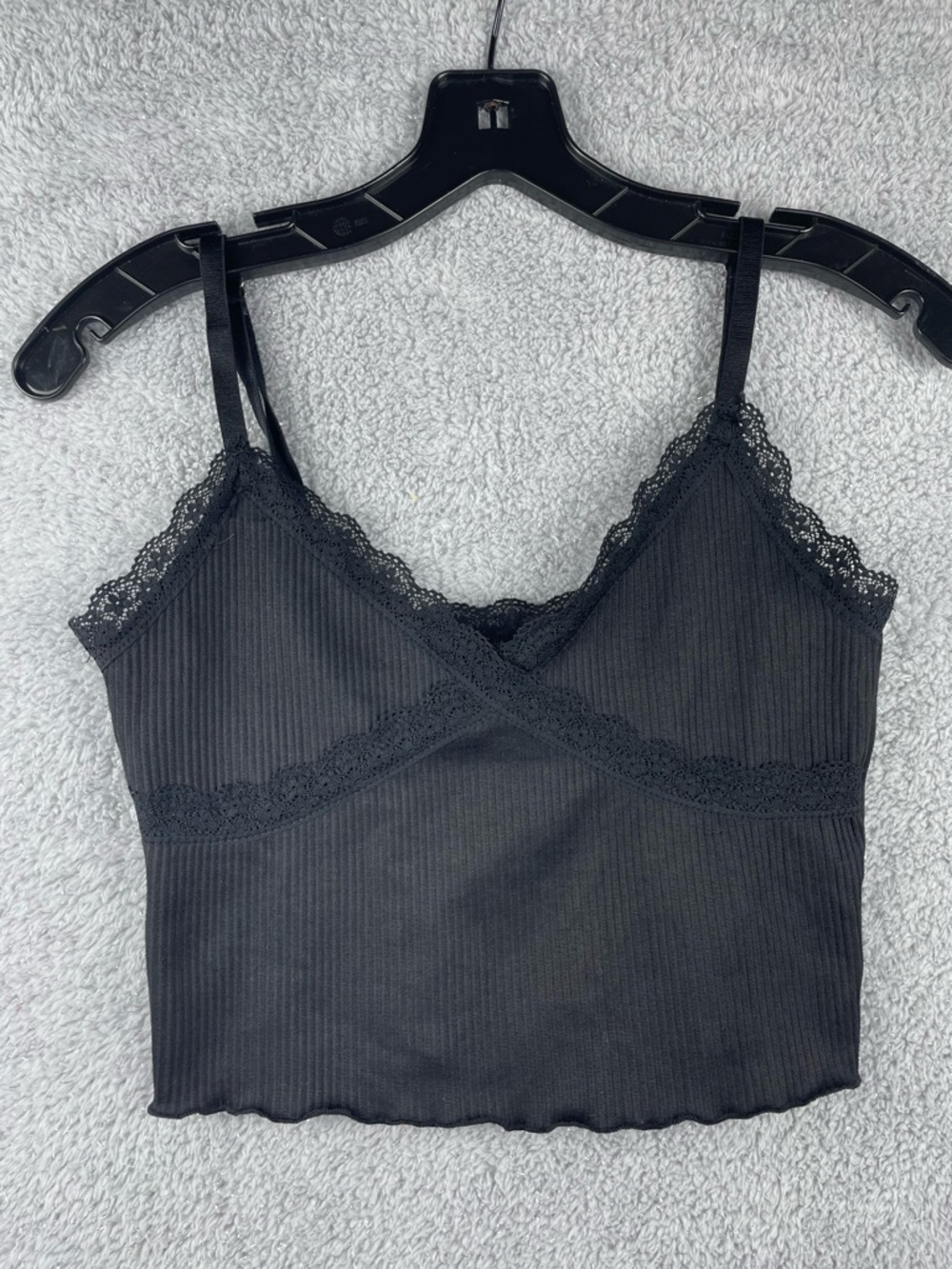 H&M Black Ribbed Lace-Trim Crop Tank